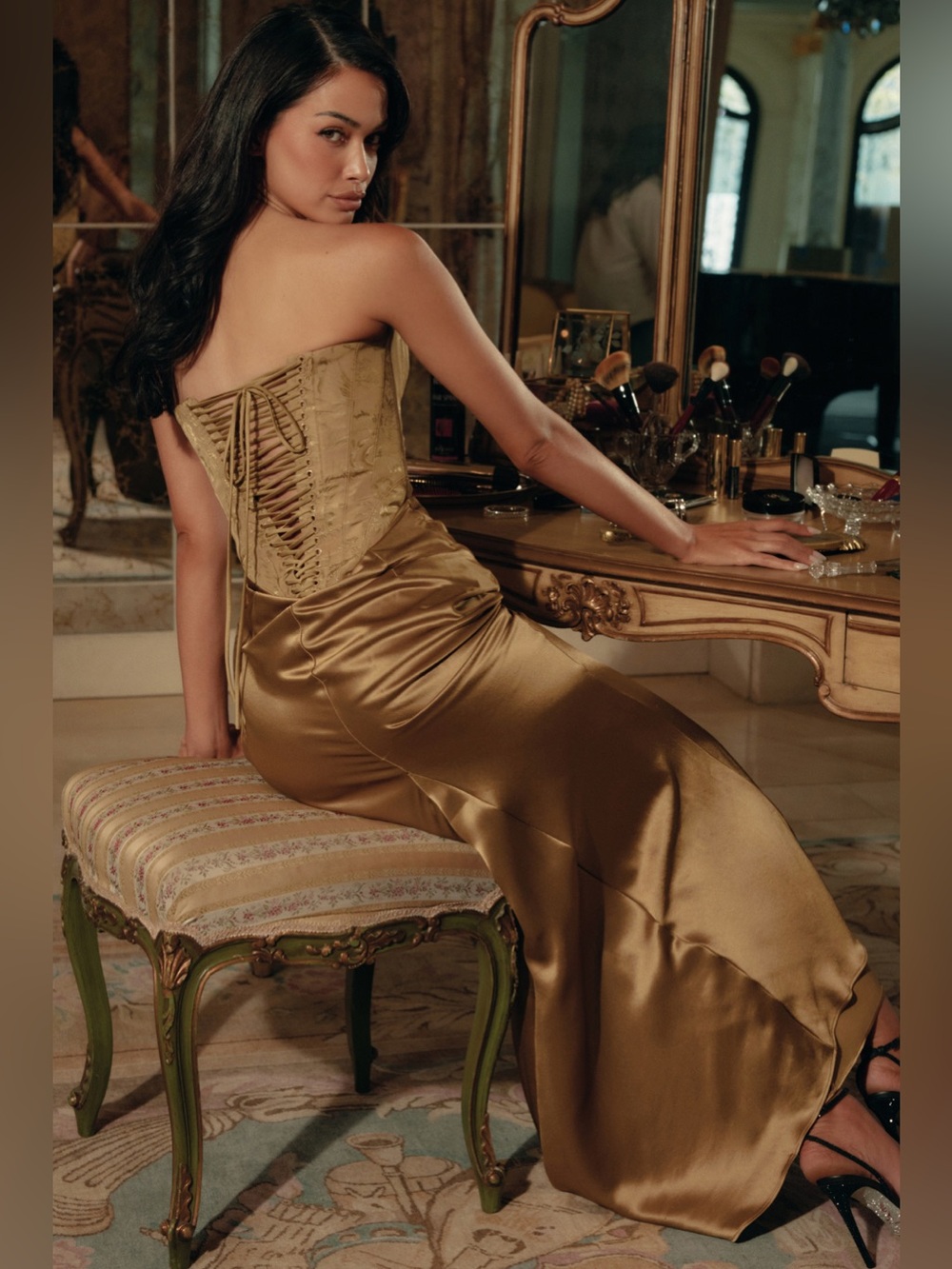 House of CB Aurelia bronze brocade satin Corset Maxi dress NWOT size S - Picture 8 of 14